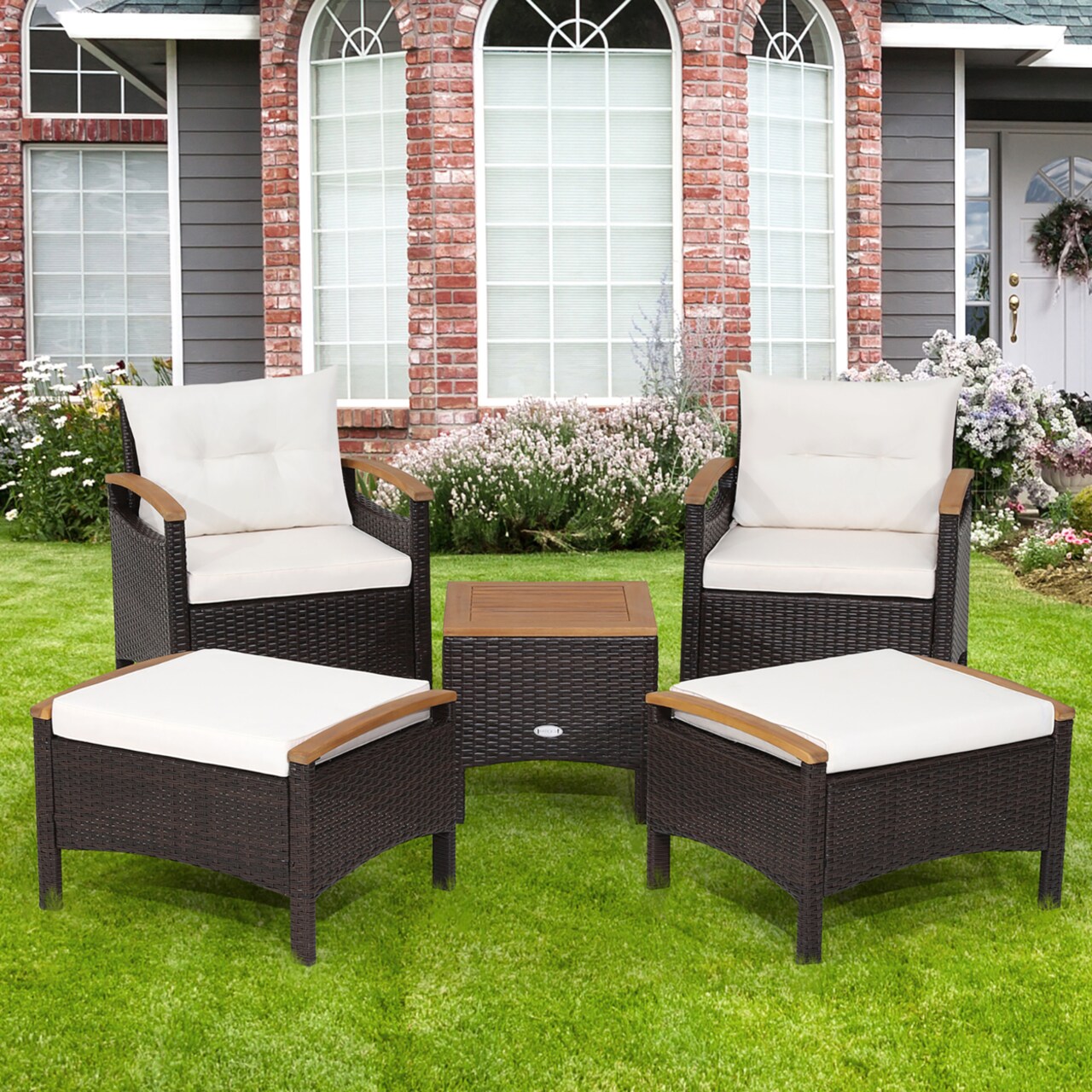 5Pcs Outdoor Patio Rattan Furniture Set Pe Wicker Lounge Chair W/ Wood Tabletop